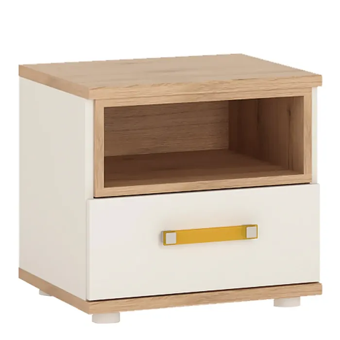 4Kids 1-Drawer Bedside Table – Light Oak & White Gloss with Orange Handles
