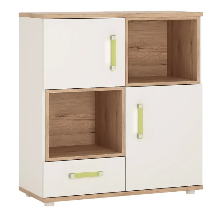4Kids 2-Door, 1-Drawer Cupboard with 2 Open Shelves – Light Oak & White Gloss with Lemon Handles