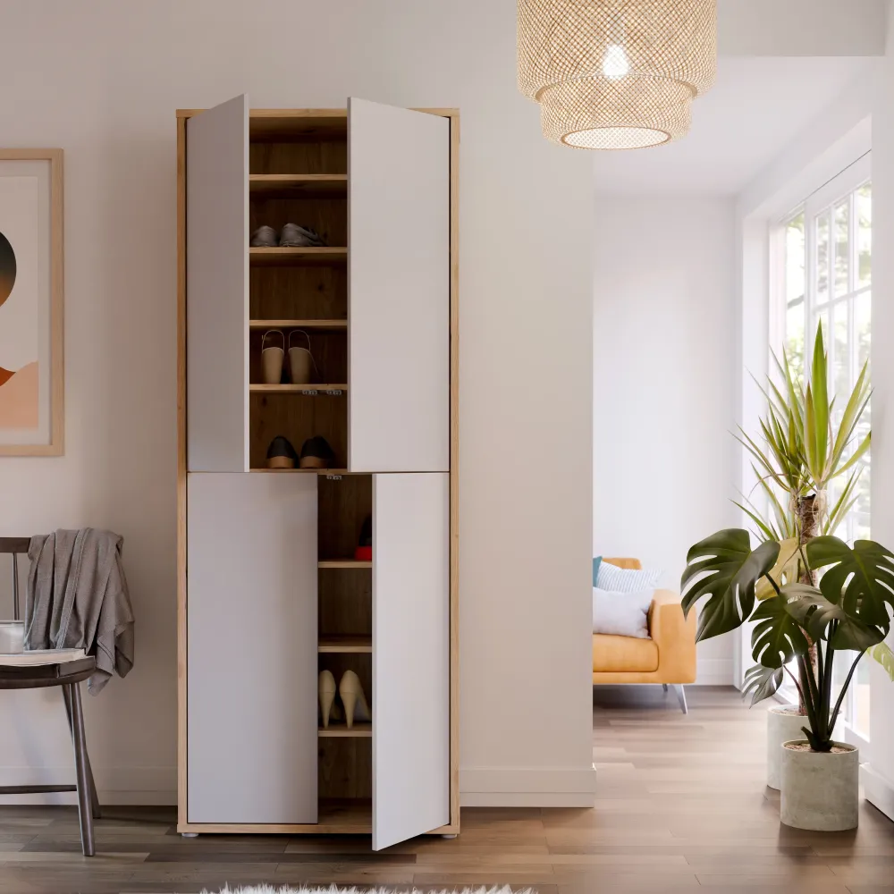 Alice Springs Shoe Cabinet with 4-Door – Artisan Oak & Light Grey Doors