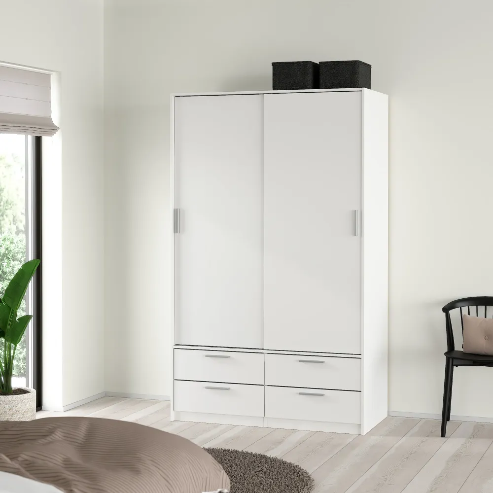 Line Wardrobe with 2 Sliding Doors and 4-Drawer, White