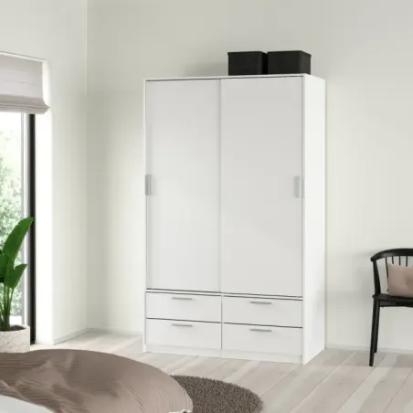Line Wardrobe with 2 Sliding Doors and 4-Drawer, White