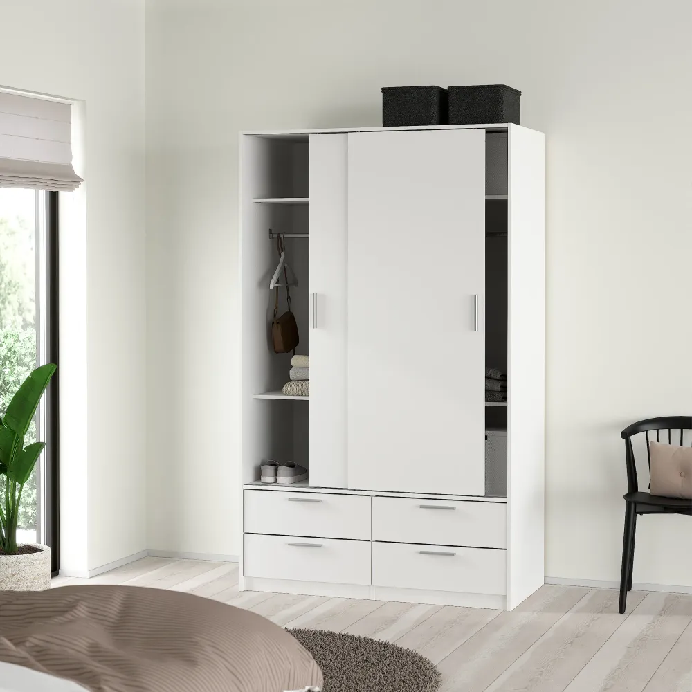 Line Wardrobe with 2 Sliding Doors and 4-Drawer, White