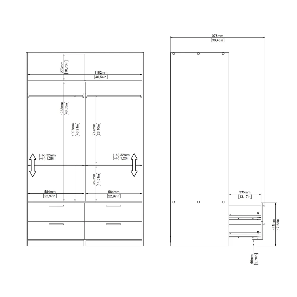 Line Wardrobe with 2 Sliding Doors and 4-Drawer, White