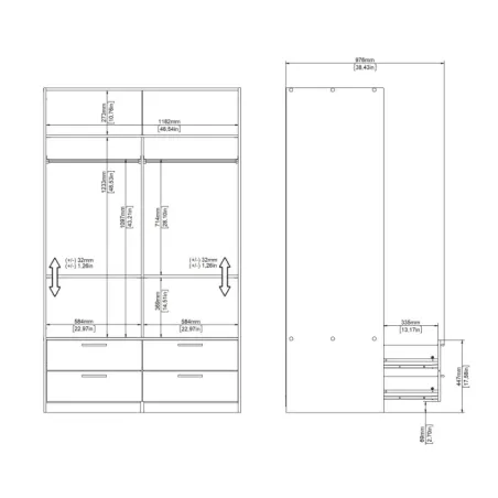 Line Wardrobe with 2 Sliding Doors and 4-Drawer, White