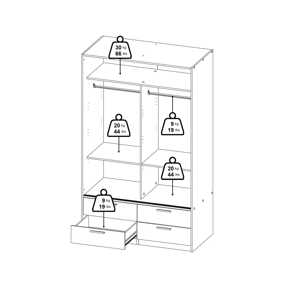 Line Wardrobe with 2 Sliding Doors and 4-Drawer, White