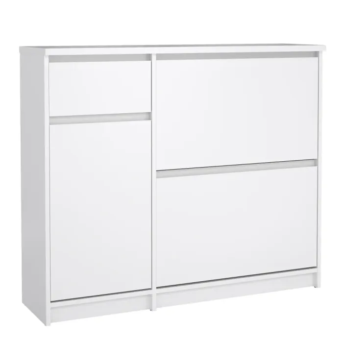 Naia Shoe Cabinet with 2 Flip-Down Doors 1-Door and 1-Drawer – White Gloss