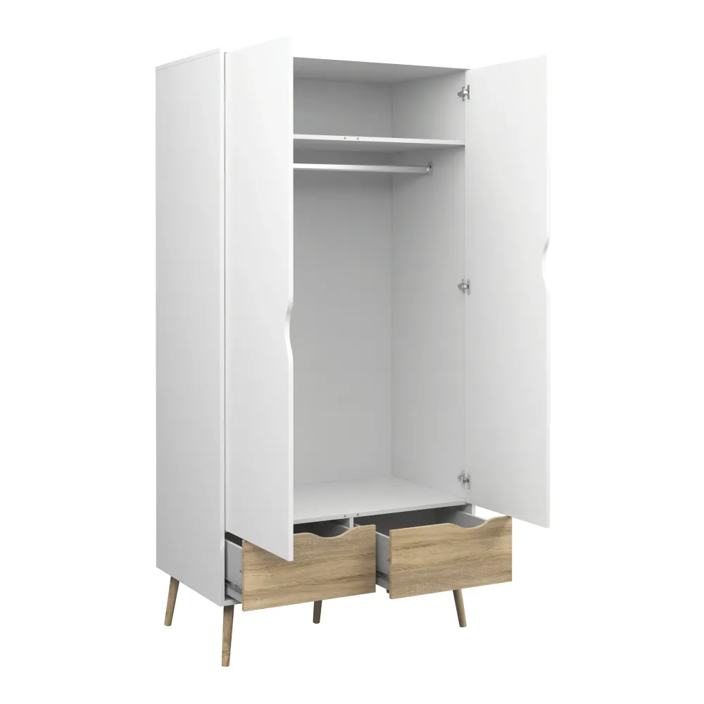 Oslo 2-Door, 2-Drawer Wardrobe – White & Oak