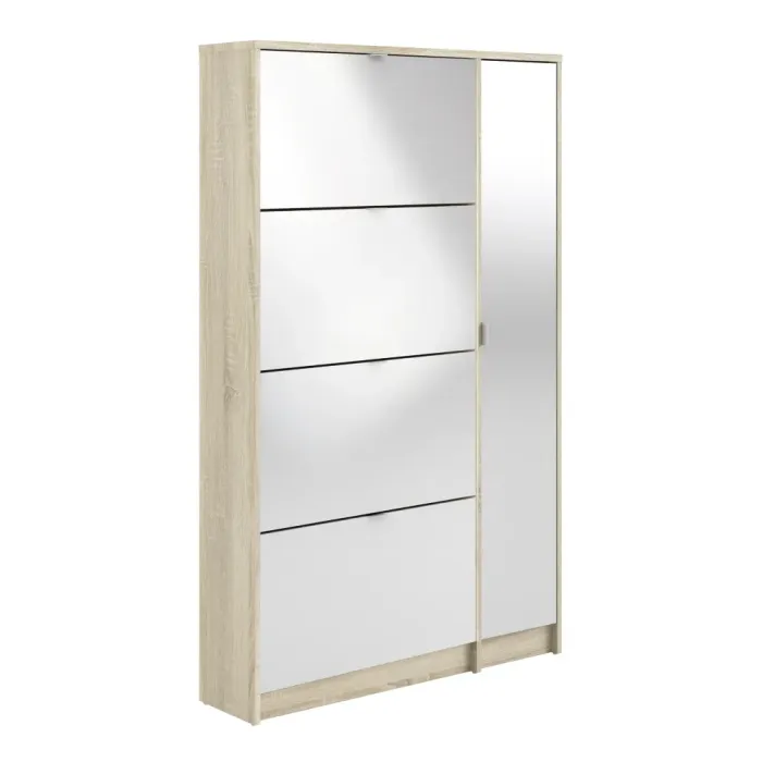 Shoes Shoe Cabinet 4 Flip-Down Doors and 2 Layers 1 Mirror Door Oak Structure