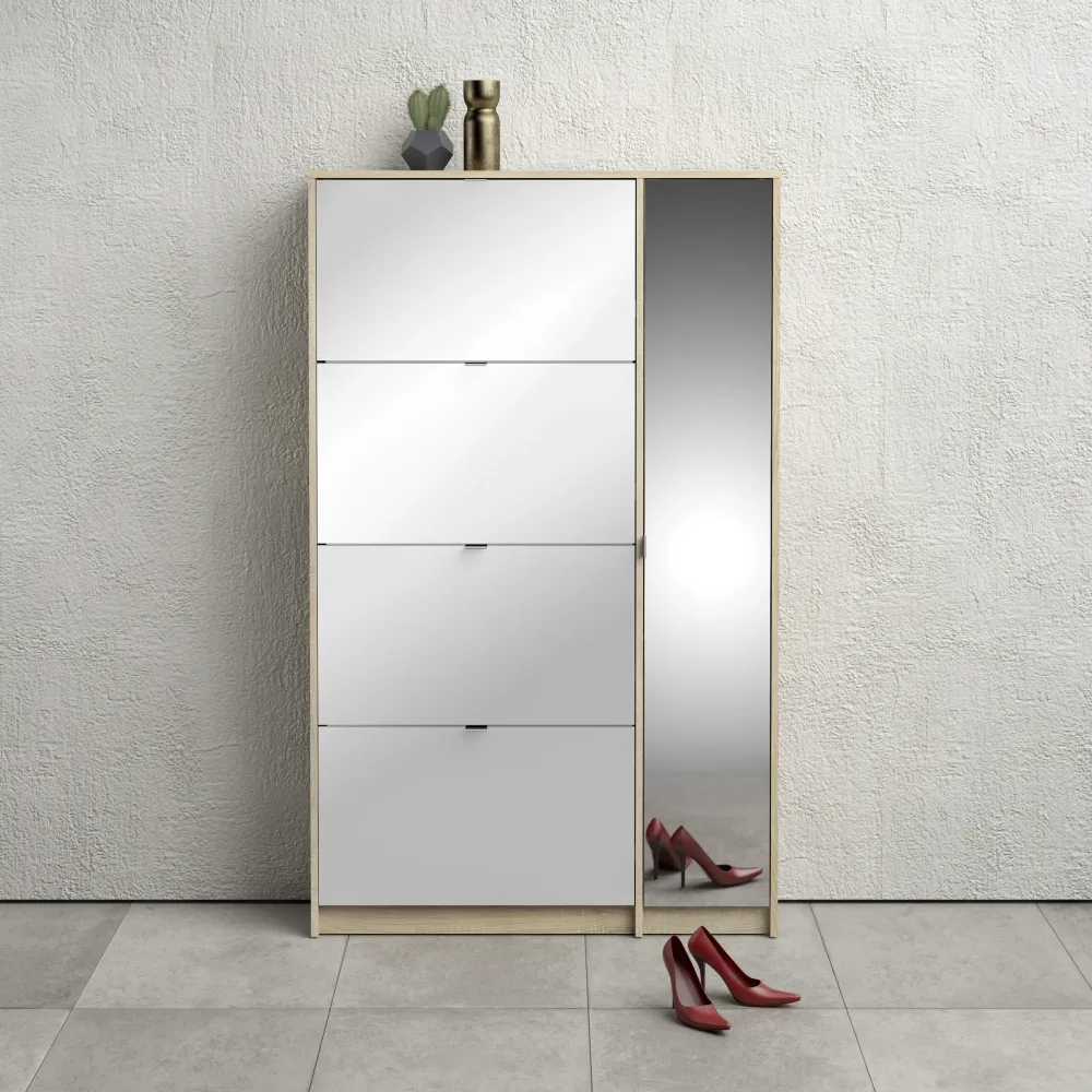 Shoes Shoe Cabinet 4 Flip-Down Doors and 2 Layers 1 Mirror Door Oak Structure