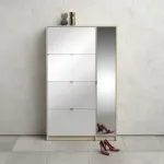 Shoes Shoe Cabinet 4 Flip-Down Doors and 2 Layers 1 Mirror Door Oak Structure