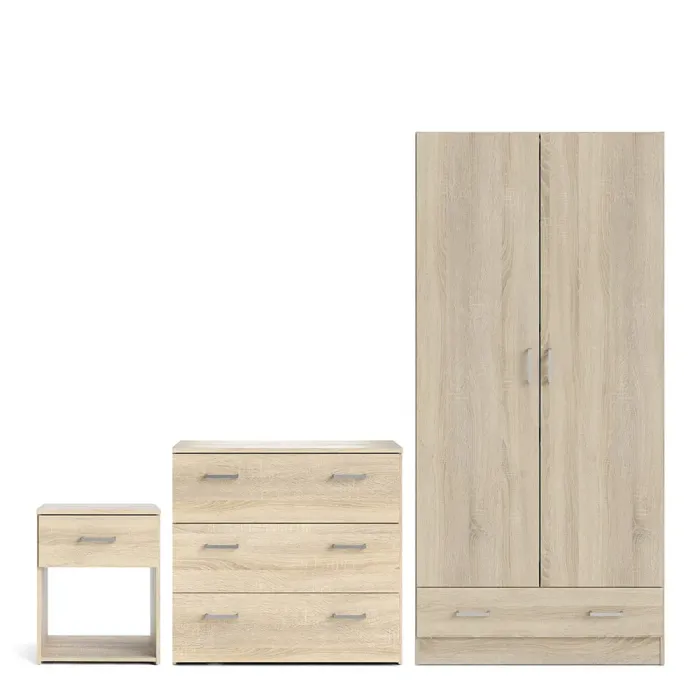 Space Package - Bedside 1-Drawer + 3-Drawer Chest + Wardrobe with 2-Door + 1-Drawer – Oak