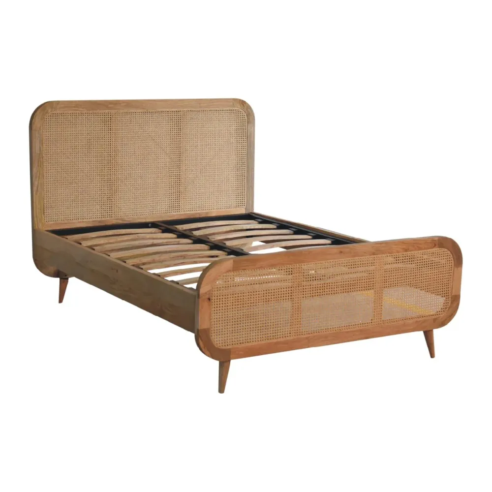 Oak-Toned Mango Wood Rattan Bed